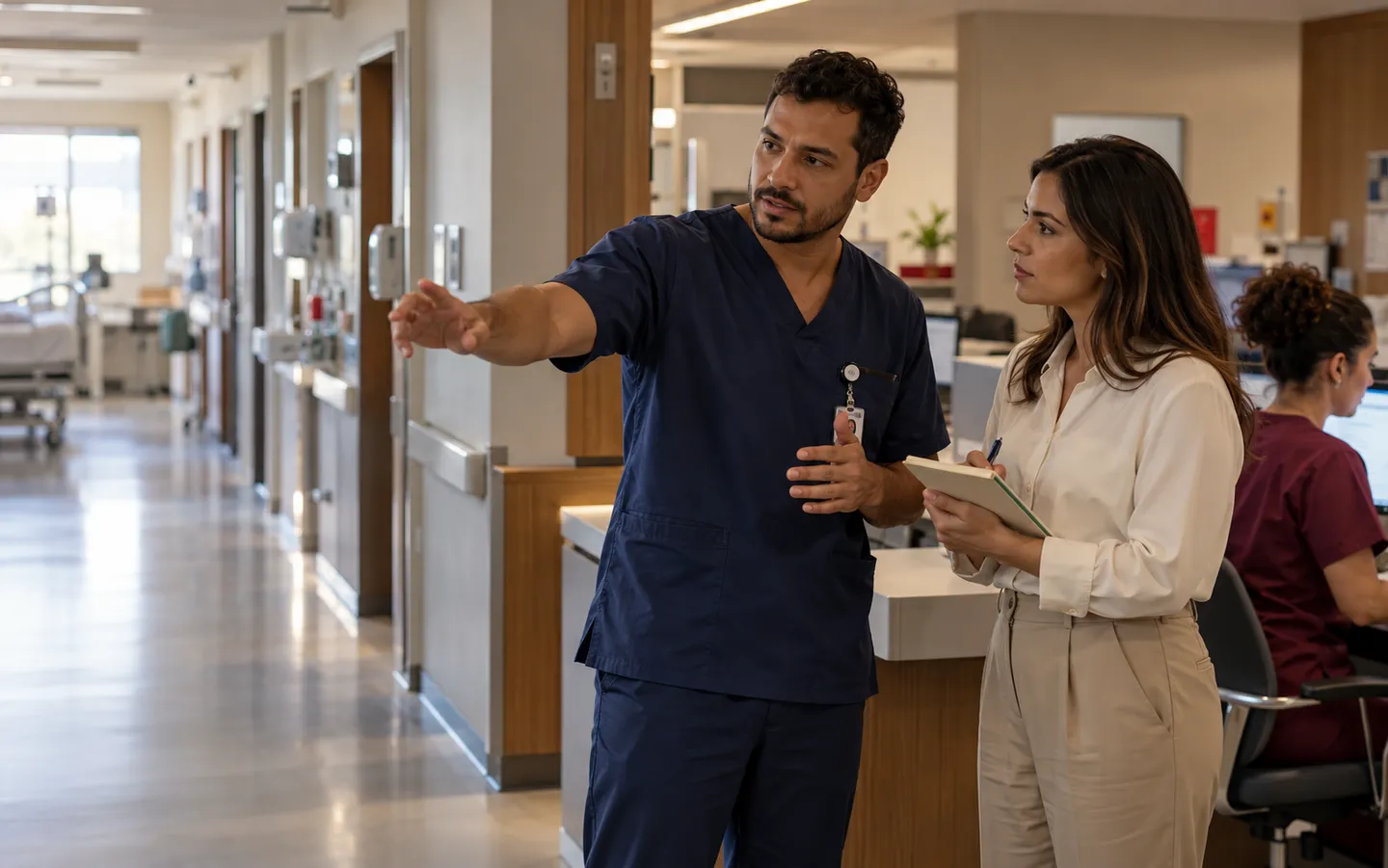 A consultant listens to a charge nurse at the nursing station while observing the unit at work