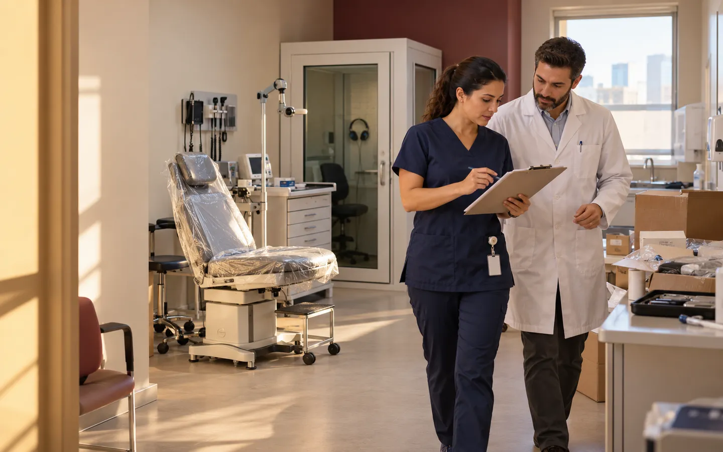 A nurse manager and a laboratory coordinator check a newly set up room for a new service